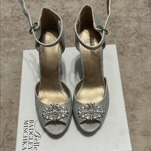 Badgley Mischka Silver Crystal Peep-Toe Ankle-Strap Heels
